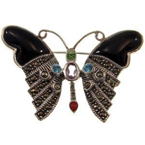 Solid 925 Sterling Silver Marcasite, Onyx, and Gemstone Butterfly Pin Brooch